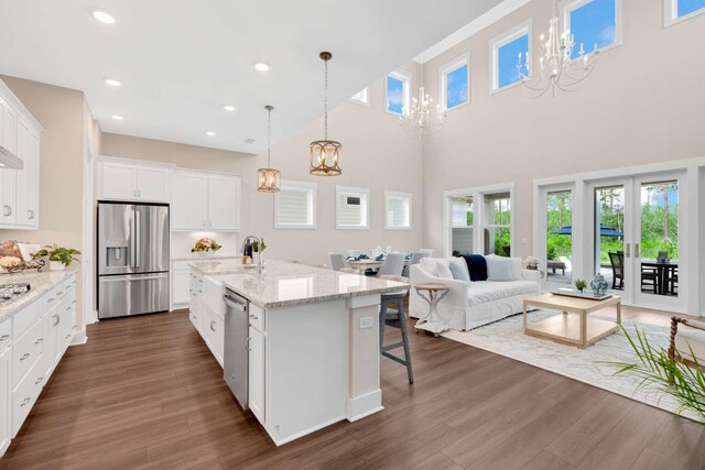 1760 Pathways Dr, Inlet Beach, FL 32461 - kitchen featuring stainless steel appliances, a chandelier, dark wood-style flooring, white cabinets, and recessed lighting