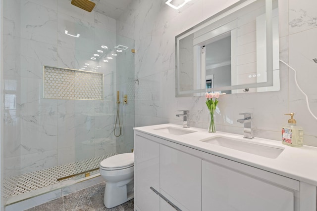 full bathroom with a marble finish shower, tile walls, and a sink