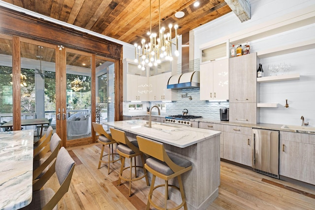 kitchen featuring a sink, wood ceiling, wall chimney exhaust hood, open shelves, and an island with sink