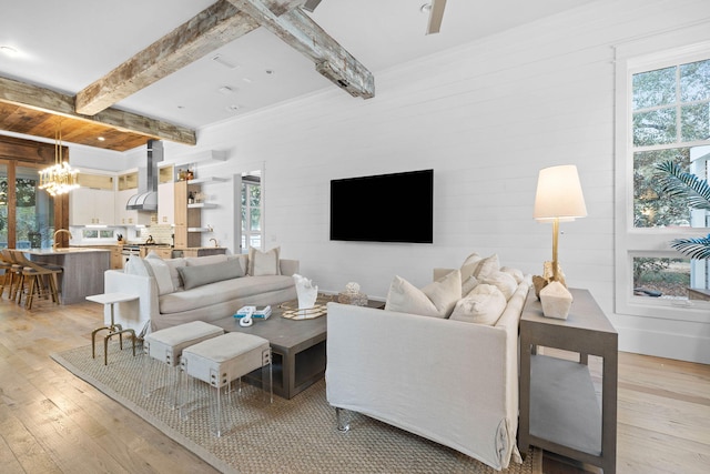 living room featuring a healthy amount of sunlight, beam ceiling, and light wood-style floors