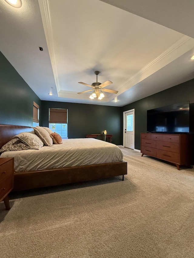 bedroom featuring crown molding, multiple windows, a raised ceiling, and light colored carpet