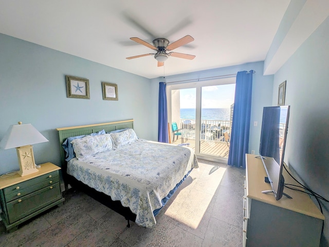 bedroom with ceiling fan and access to exterior
