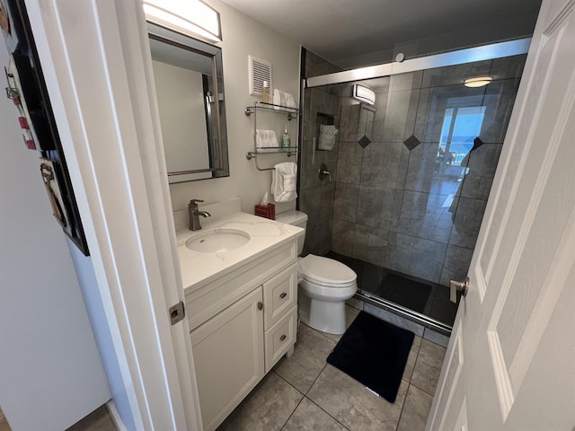 bathroom featuring toilet, a shower stall, visible vents, and vanity