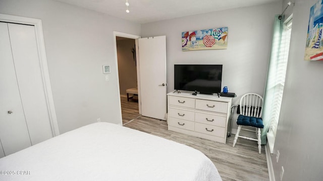 bedroom with light wood finished floors, baseboards, and a closet