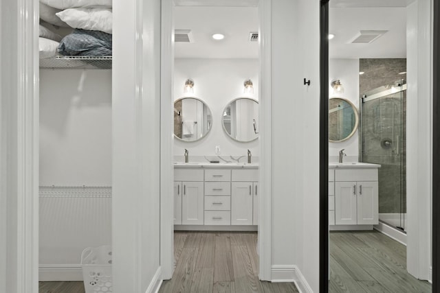 bathroom with double vanity, a walk in closet, a sink, and wood finished floors