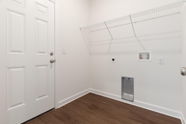laundry area with dark wood-style floors, washer hookup, laundry area, electric dryer hookup, and baseboards
