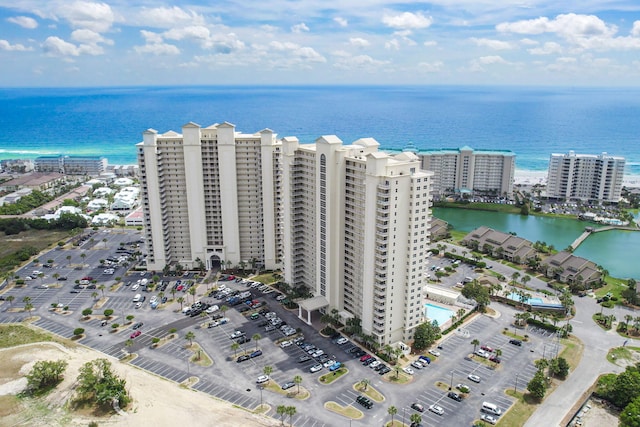 aerial view with a water view and a view of city