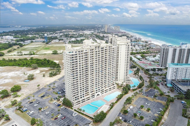 bird's eye view with a view of city, a beach view, and a water view