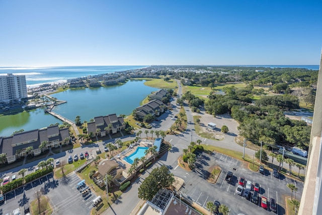 bird's eye view with a water view