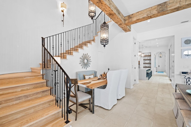 dining room featuring recessed lighting, beam ceiling, visible vents, and stairway