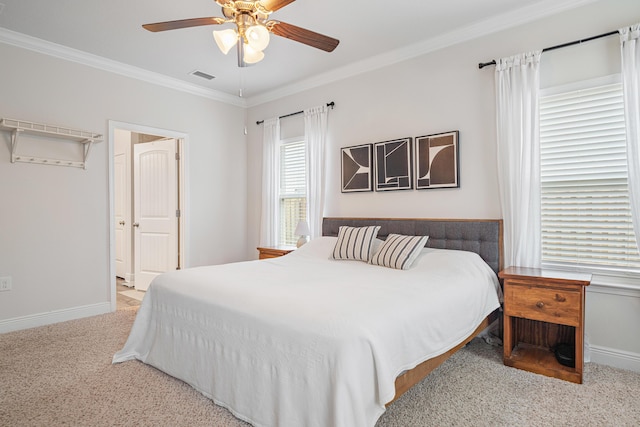 124 Conner Cir, Santa Rosa Beach, FL 32459 - bedroom featuring baseboards, ornamental molding, visible vents, and light colored carpet
