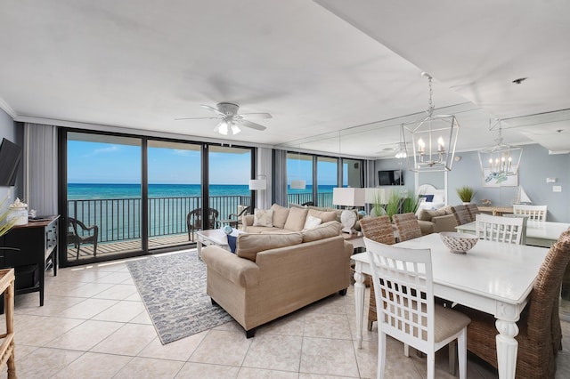 4100 E County Highway 30a Unit 902, Santa Rosa Beach, FL 32459 - living room featuring light tile patterned floors, a wall of windows, and ceiling fan with notable chandelier