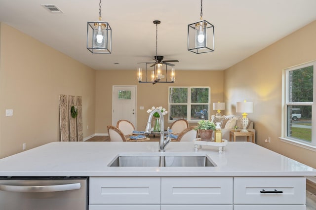 kitchen featuring a sink, visible vents, white cabinetry, and stainless steel dishwasher