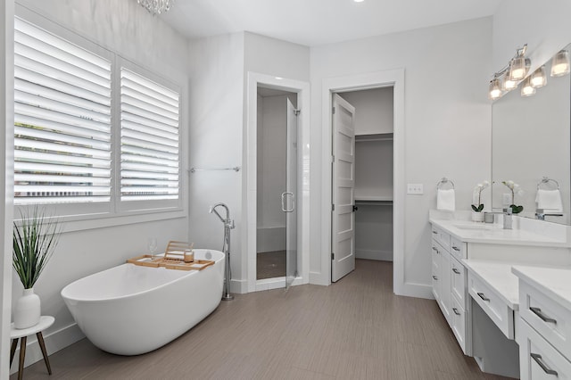 bathroom with a freestanding tub, vanity, baseboards, a spacious closet, and a stall shower