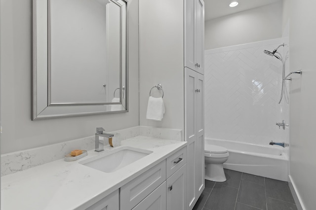 full bathroom with bathtub / shower combination, vanity, toilet, and tile patterned floors