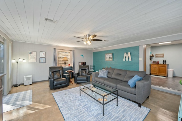 living area with wood ceiling, ceiling fan, finished concrete floors, and visible vents