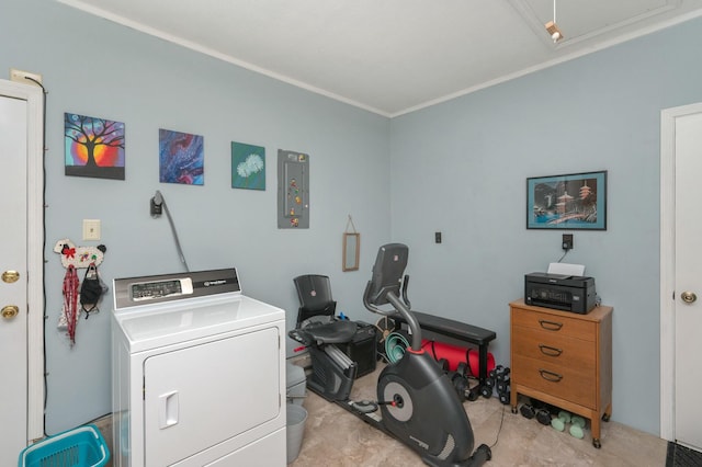 interior space with electric panel and washer / clothes dryer