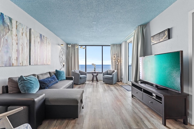 living area with a textured ceiling and wood finished floors