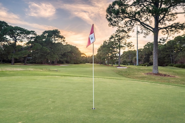 view of community featuring golf course view and a lawn