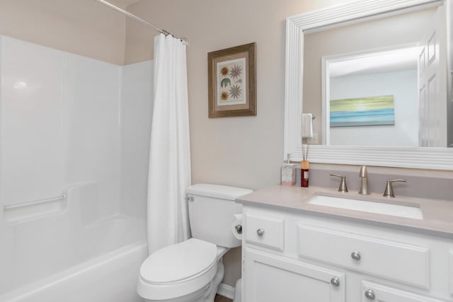 bathroom featuring vanity, toilet, and shower / bathtub combination with curtain