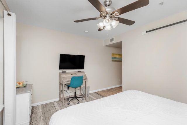 bedroom featuring a ceiling fan, baseboards, visible vents, and light wood finished floors