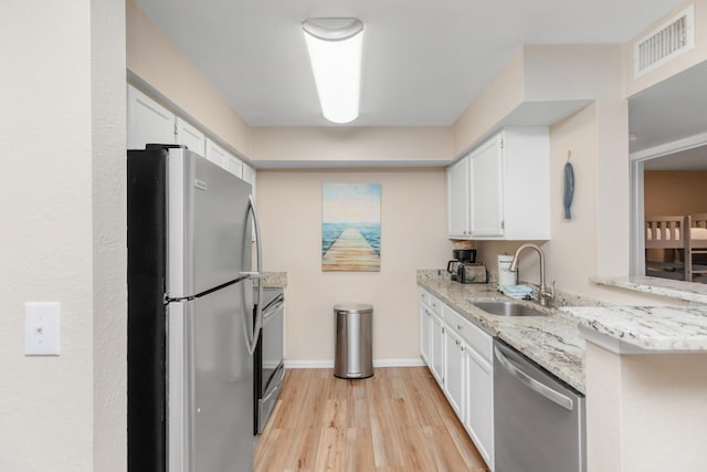 kitchen featuring white cabinets, visible vents, stainless steel appliances, and a sink