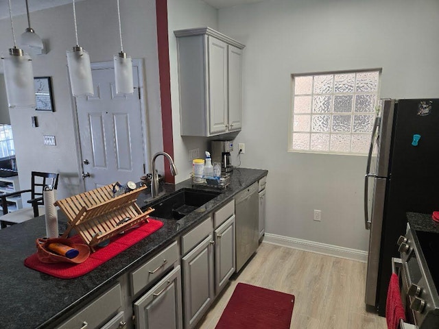 kitchen featuring appliances with stainless steel finishes, dark countertops, gray cabinets, and a sink