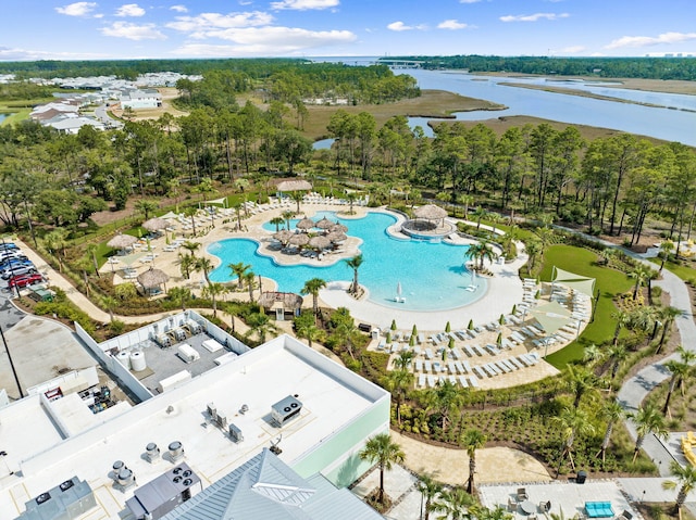 aerial view featuring a water view