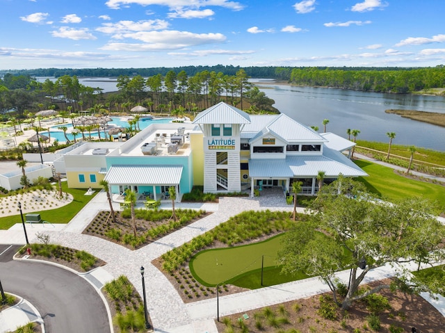 bird's eye view with a water view