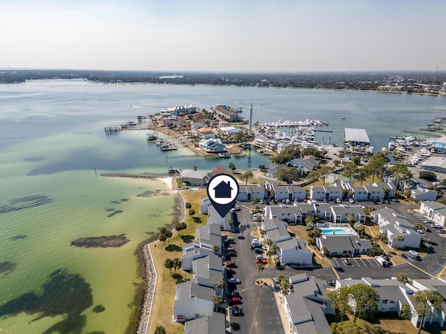 bird's eye view with a water view