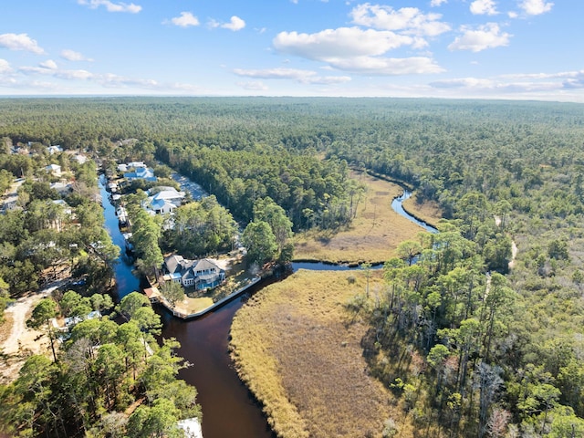 drone / aerial view featuring a water view and a forest view