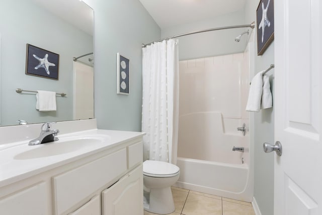 full bath with toilet, shower / bath combo, tile patterned flooring, and vanity