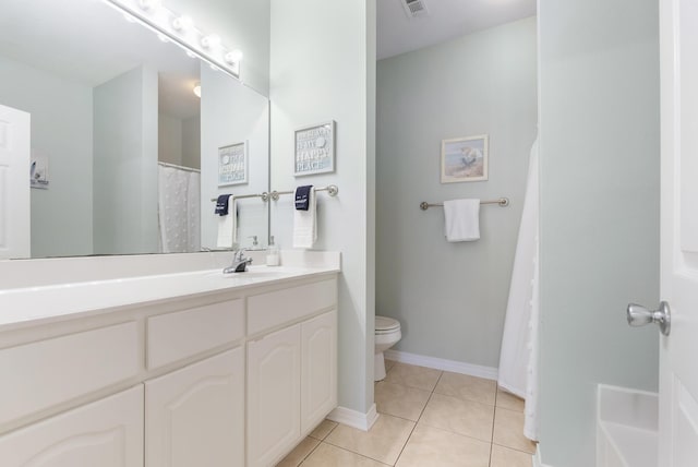 full bathroom with toilet, vanity, baseboards, visible vents, and tile patterned floors