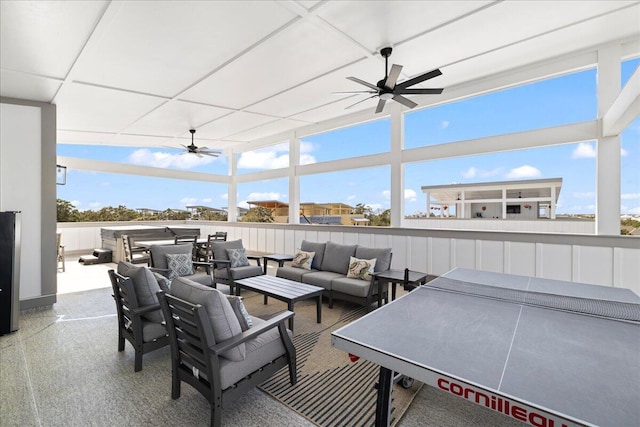 view of patio / terrace with a ceiling fan, outdoor dining area, and an outdoor hangout area