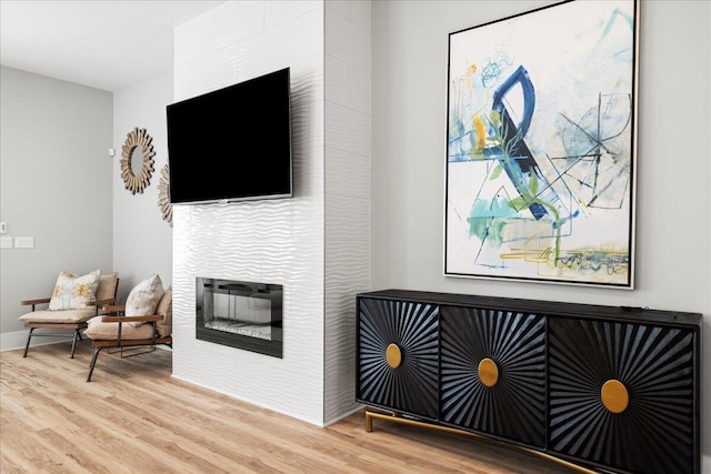 interior space featuring light wood-style floors and a fireplace