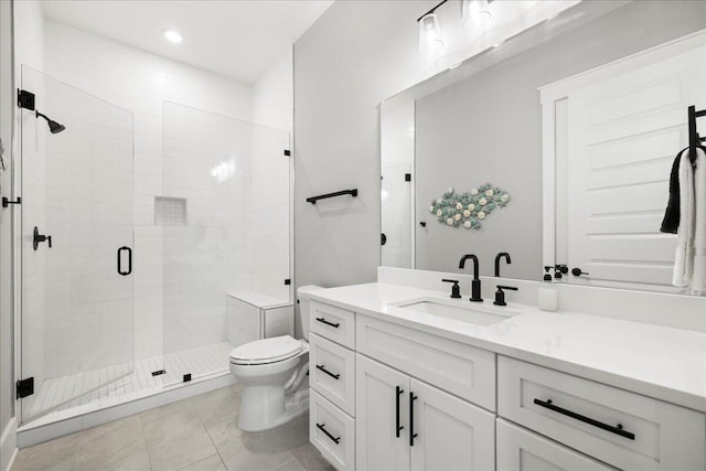 full bathroom with recessed lighting, toilet, a stall shower, vanity, and tile patterned flooring