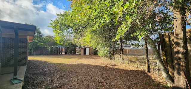 view of yard with a fenced backyard, an outdoor structure, and a shed