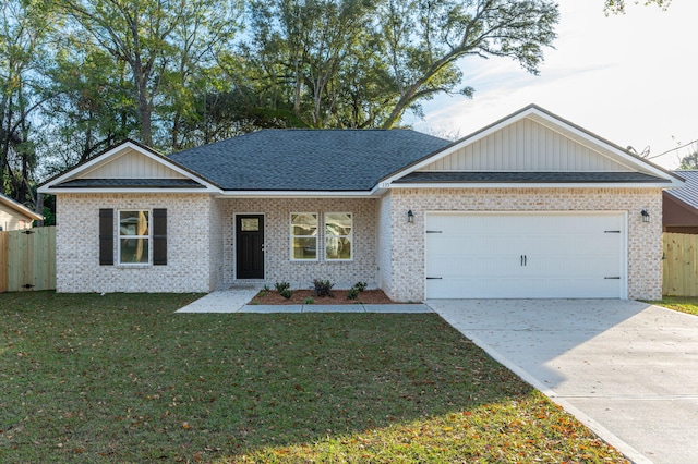 single story home featuring brick siding, an attached garage, fence, driveway, and a front lawn