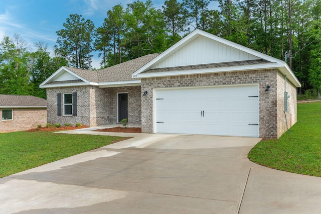 ranch-style house featuring concrete driveway, brick siding, a front yard, and a garage