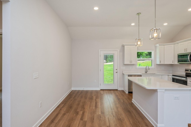 kitchen featuring dark wood-style floors, light countertops, white cabinetry, a sink, and stainless steel appliances