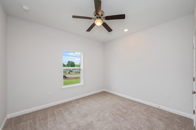 unfurnished room with carpet floors, baseboards, a ceiling fan, and recessed lighting