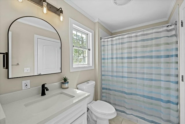 full bathroom with tile patterned flooring, crown molding, vanity, and toilet