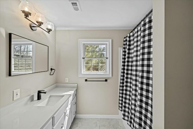 bathroom with baseboards, visible vents, marble finish floor, crown molding, and vanity