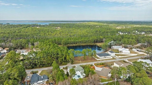 aerial view with a water view and a view of trees