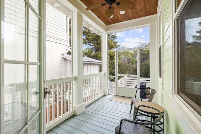 sunroom / solarium featuring wooden ceiling and a ceiling fan