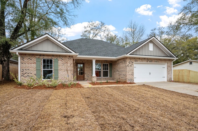 ranch-style home featuring a garage, concrete driveway, fence, board and batten siding, and brick siding