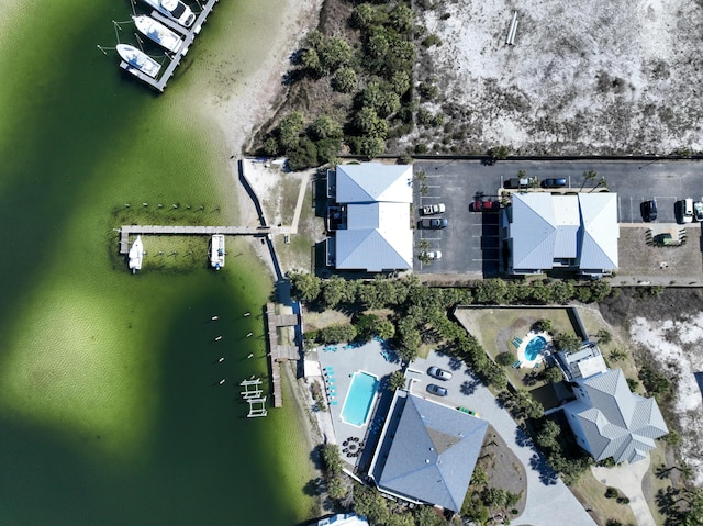 drone / aerial view featuring a water view