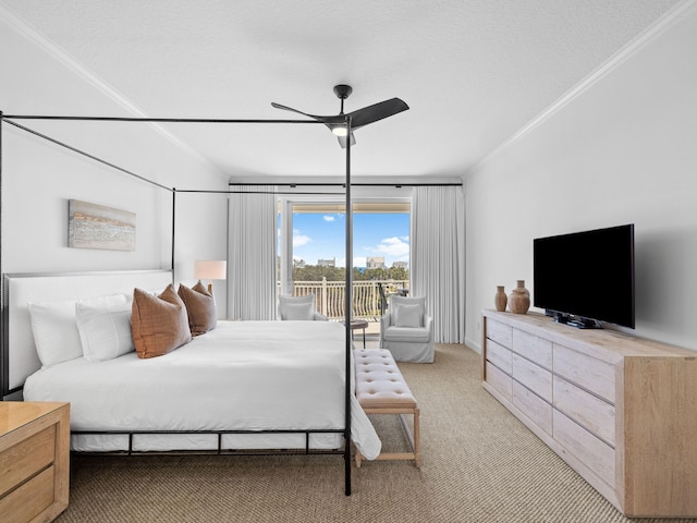 bedroom with ceiling fan, ornamental molding, light colored carpet, and access to exterior