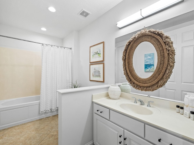 bathroom featuring recessed lighting, vanity, visible vents, tile patterned floors, and shower / bathtub combination with curtain