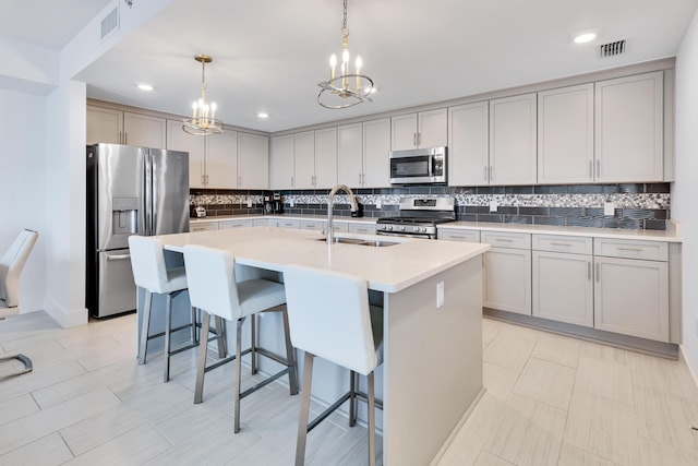 kitchen with a sink, light countertops, appliances with stainless steel finishes, an island with sink, and pendant lighting